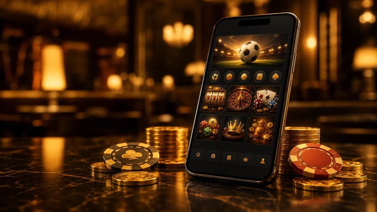 Smartphone com interface genérica de apostas e cassino em ambiente dourado premium